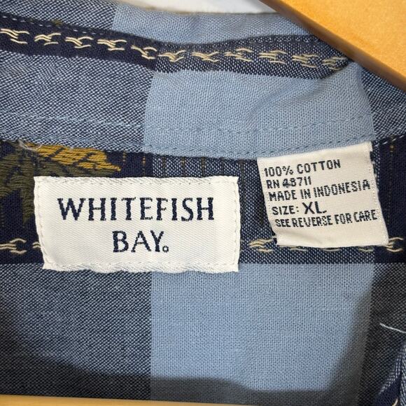 Blue Check Autumn Leaves Embroidered Shirt XL Cotton Button Down | Soft Summer - Picture 7 of 8